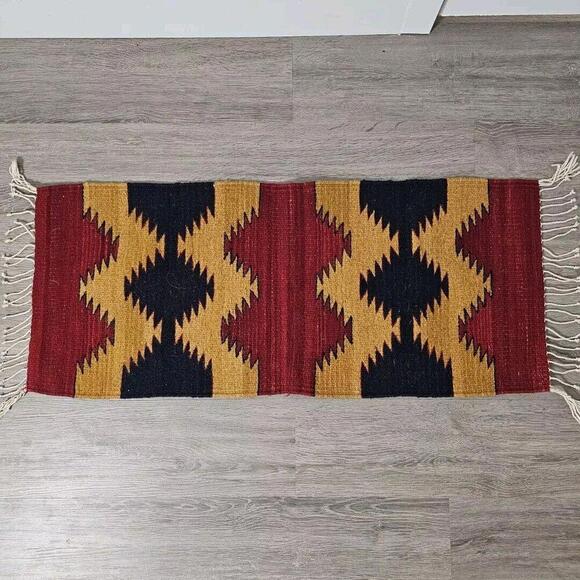 Other - Authentic Vintage Zapotec Oxaca Handwoven Wool Rug Handmade in Mexico 38"x16"